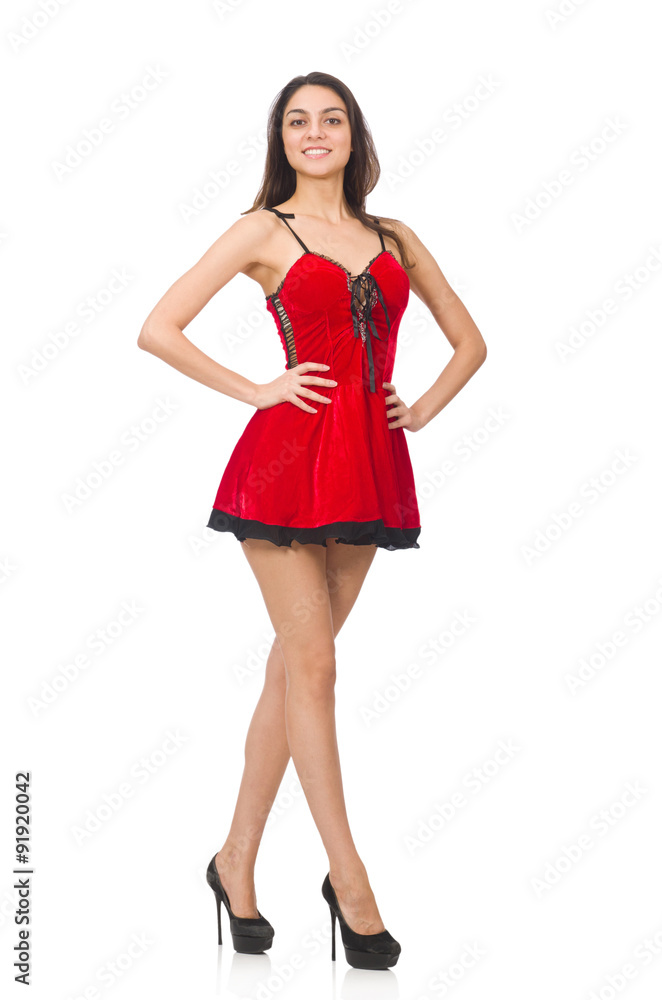 Woman wearing short mini red dress isolated on white Woman wearing short mini red dress isolated on white