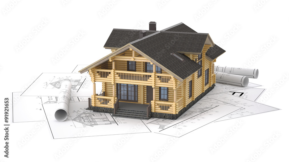 The three-dimensional image of a modern wooden house on a background of drawings. Objects isolated on white background. The three-dimensional image of a modern wooden house on a background of drawings. Objects isolated on white background.
