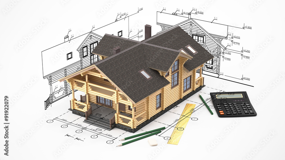 The three-dimensional image of a modern wooden house on a background of drawings. Image includes eraser, pencil and calculator.