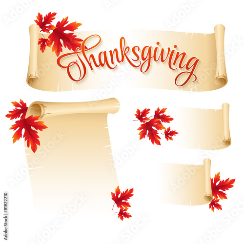 Thanksgiving scroll with  autumn leaves. Vector illustration 