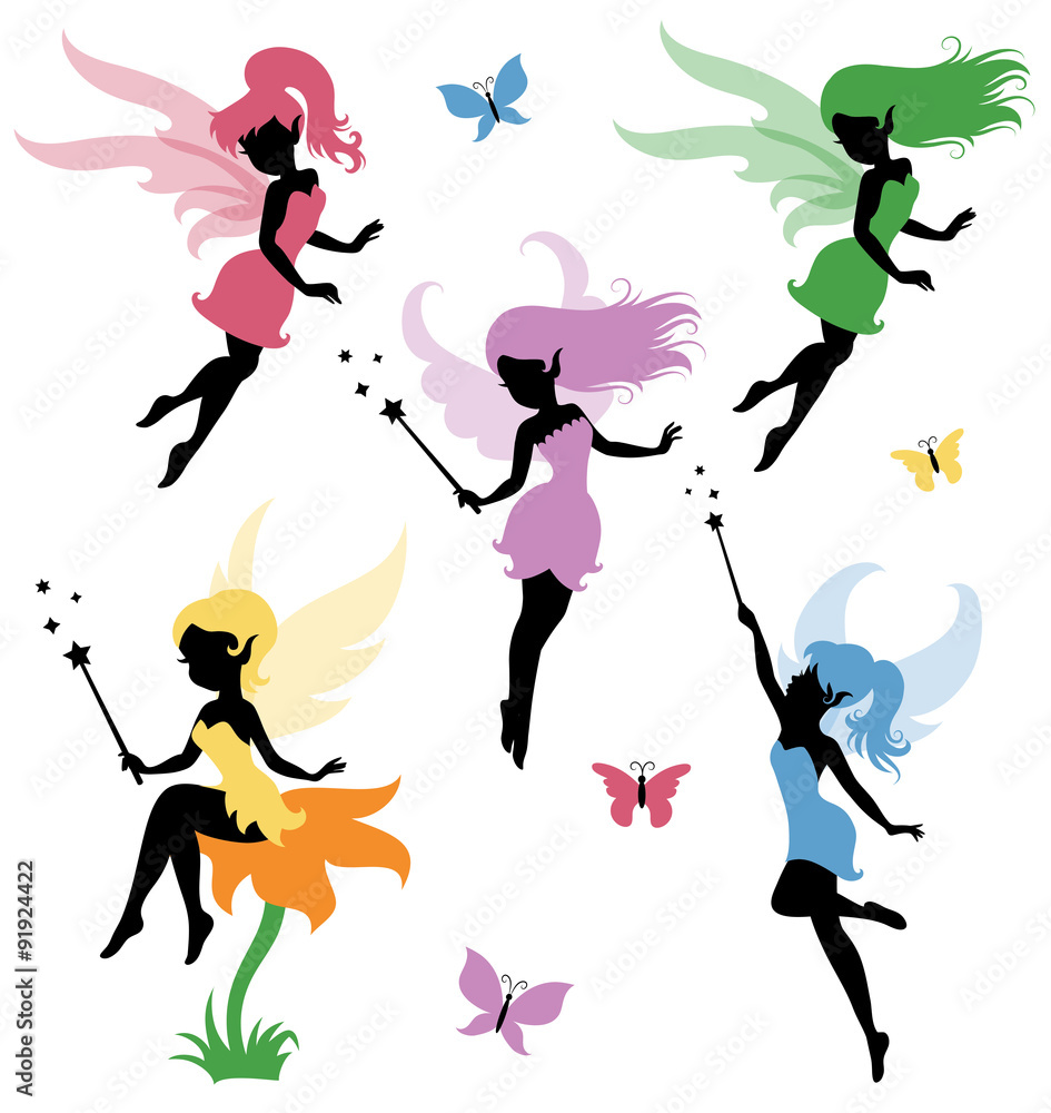 Collections of vector silhouettes of a fairy.