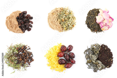 Various kinds of herbal tea and herbs spices isolated on white