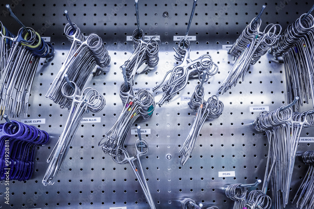 Surgical Instruments Hanging in Stainless Steel Stock Photo