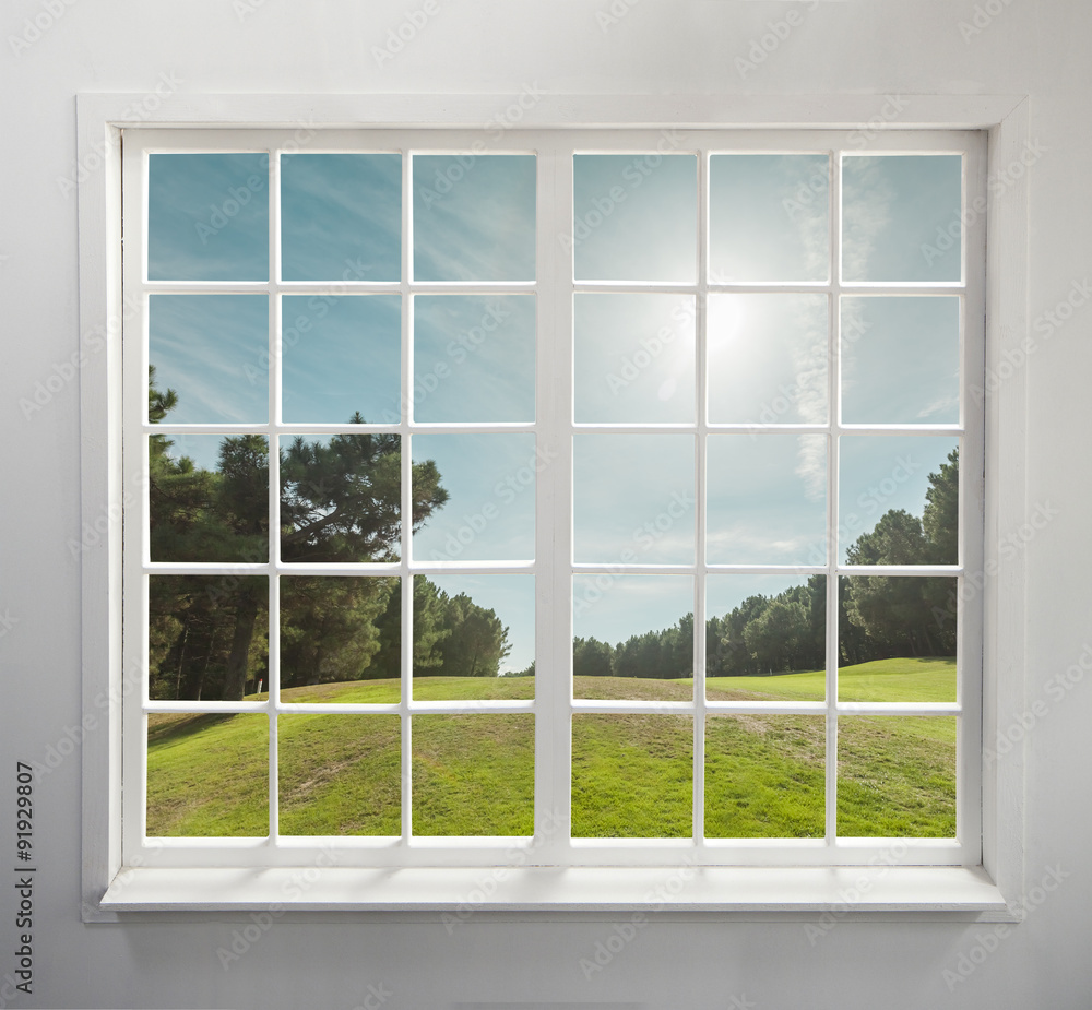 Fototapeta Zamknięte okno z widokiem na drzewa o zachodzie słońca