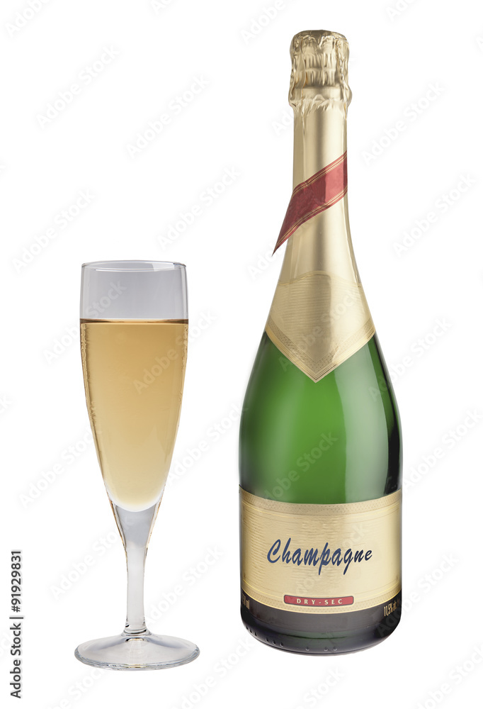 Champagne bottle and champagne glass on white Champagne bottle and champagne glass on white