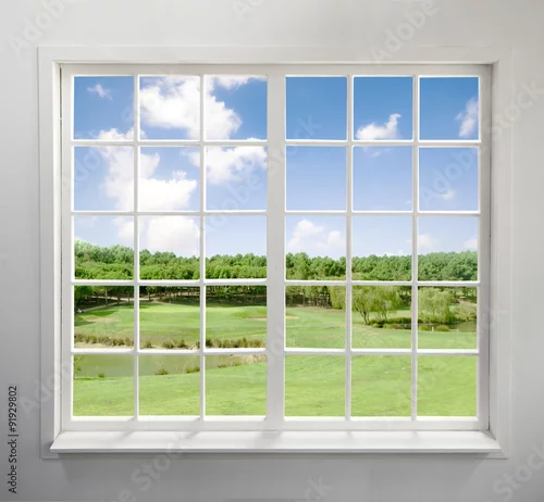 Fototapeta Nowoczesne okno mieszkalne z widokiem na jezioro