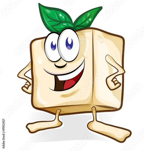 tofu cartoon with basil isolated