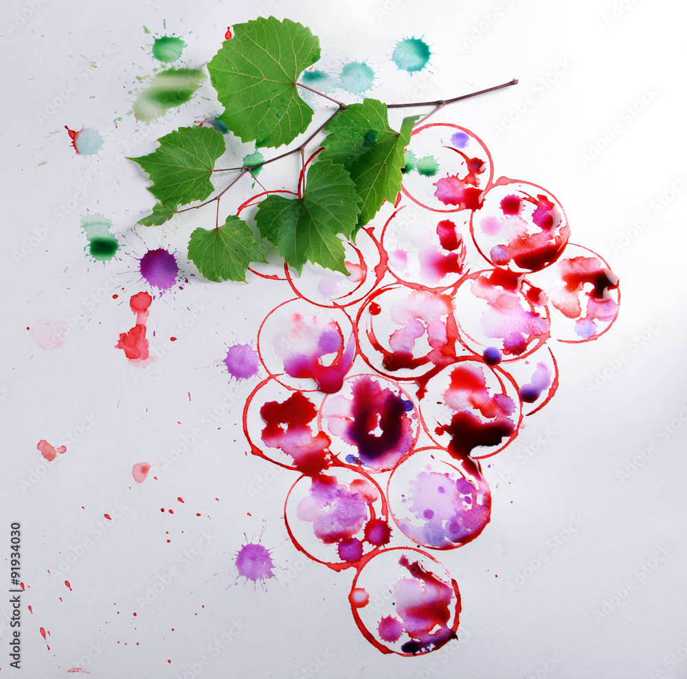 Grapes painted with red wine and cork - obrazy, fototapety, plakaty 