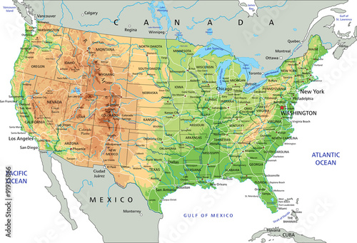 High detailed United States of America physical map with labeling.