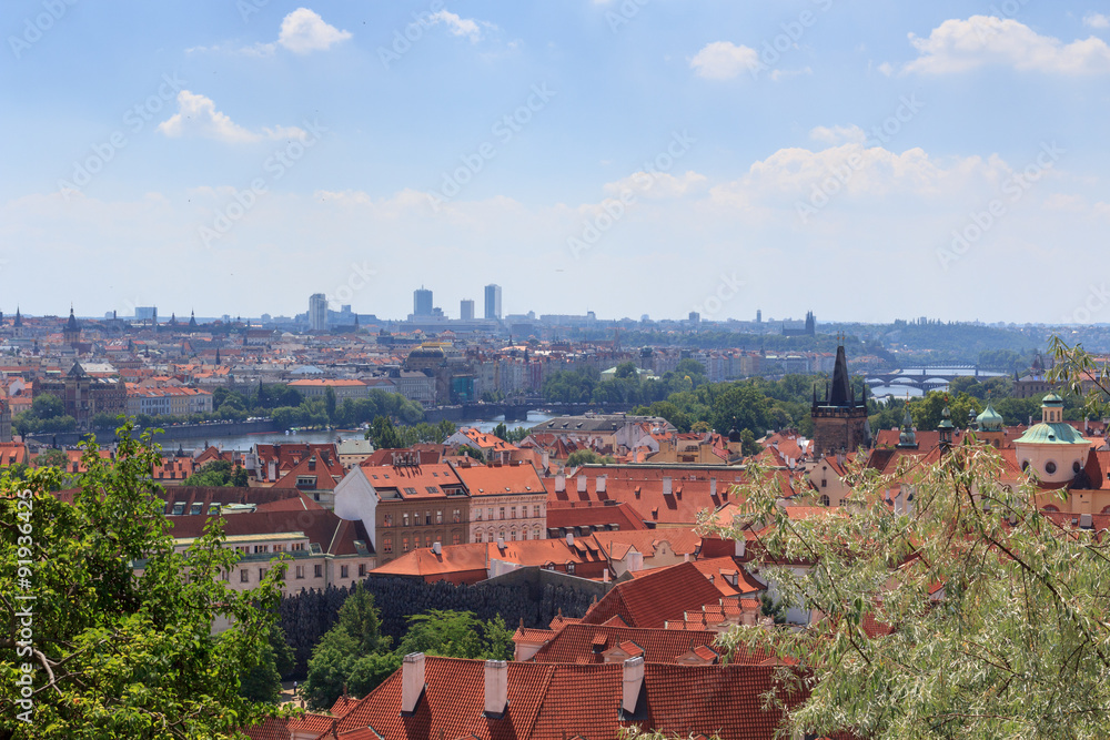 View of Prague cityscape with river Vltava in sunshine