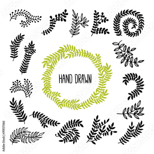 Set of vector hand drawn laurels, wreath, branches