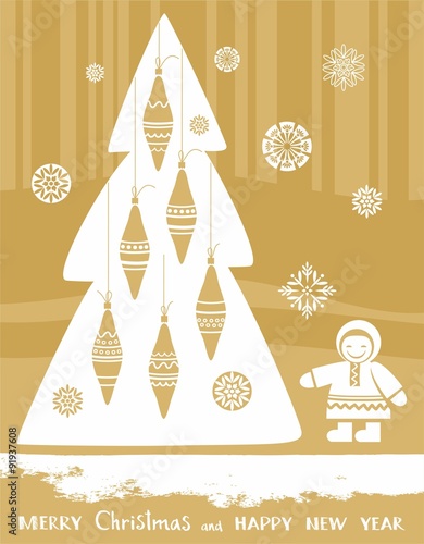 Postcard, Christmas, New Year, North, child, Christmas tree, Golden background. 