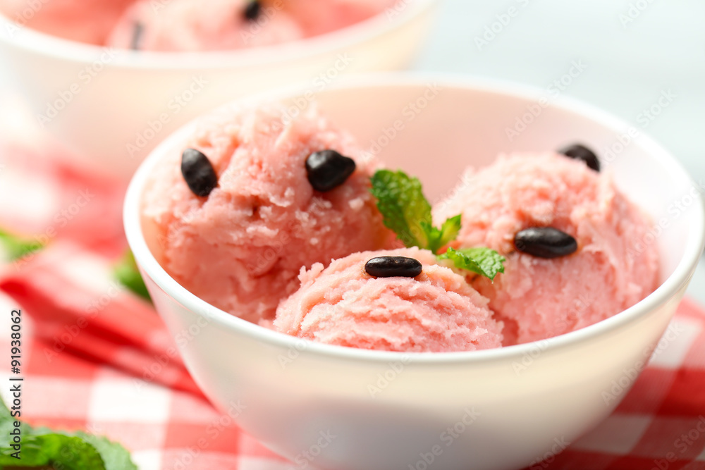 Watermelon ice cream in bowl, close-up Watermelon ice cream in bowl, close-up