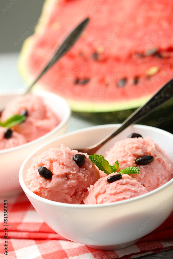 Watermelon ice cream in bowl, close-up Watermelon ice cream in bowl, close-up