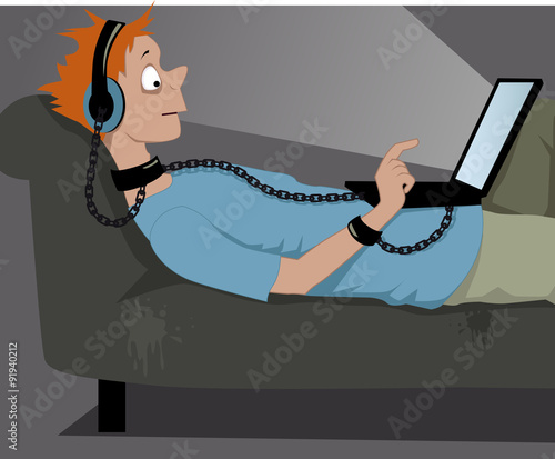 Teenage boy in headphones, chained to his laptop, lying on a couch, EPS 8 vector illustration, no trsansparencies