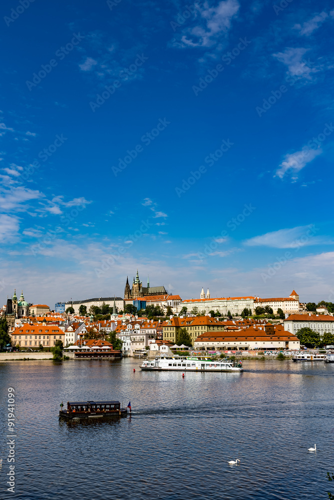 View of colorful old town and Prague castle with river Vltava, C