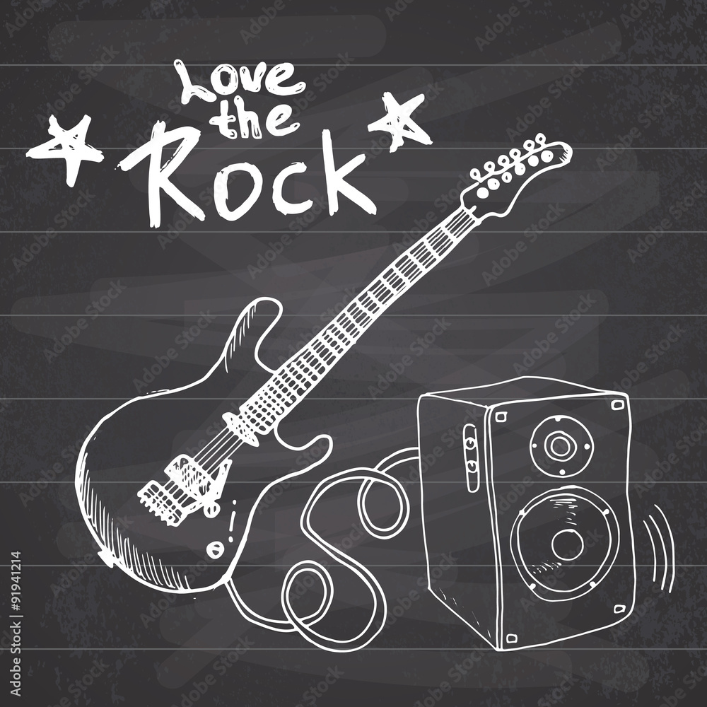 Rock Music Hand drawn sketch guitar with sound box and text love the rock,  vector illustration on chalkboard Stock Vector | Adobe Stock