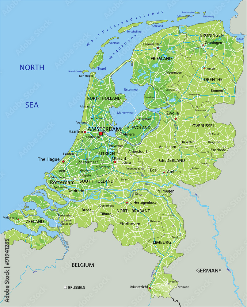 High detailed Netherlands physical map with labeling. Stock Vector ...