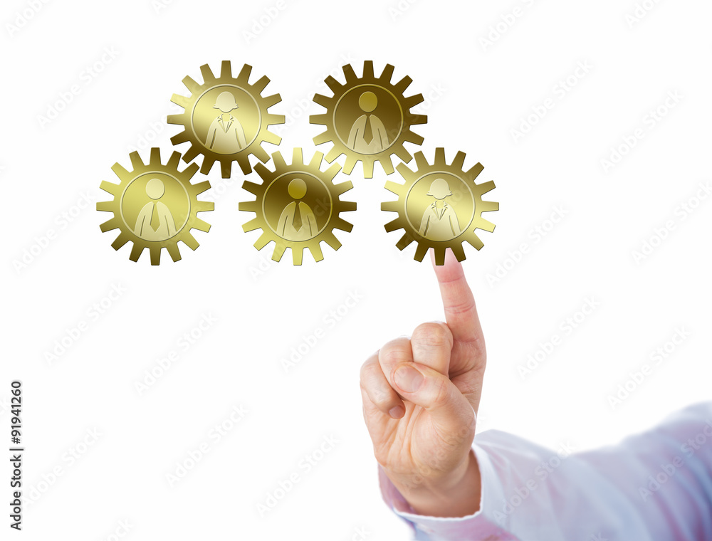 Hand Touching A Golden Gear Train Of Five Workers Hand Touching A Golden Gear Train Of Five Workers