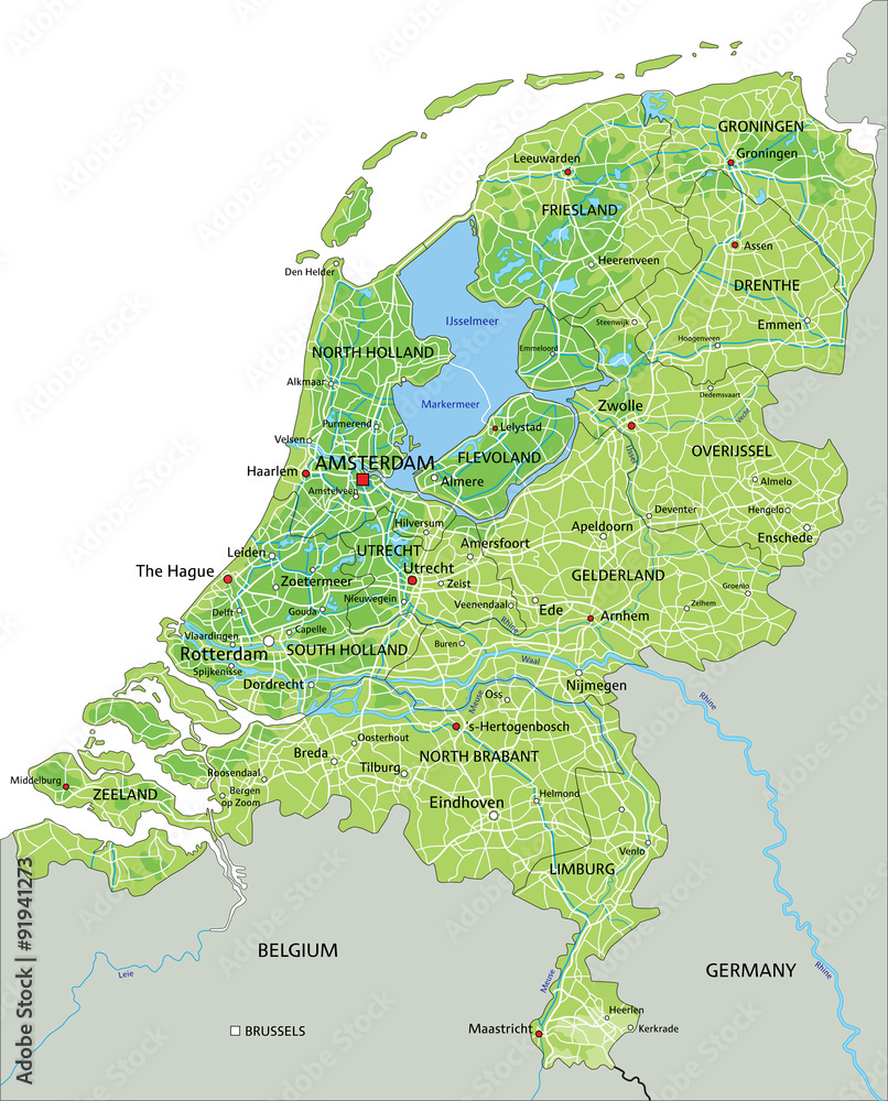 High detailed Netherlands physical map with labeling.