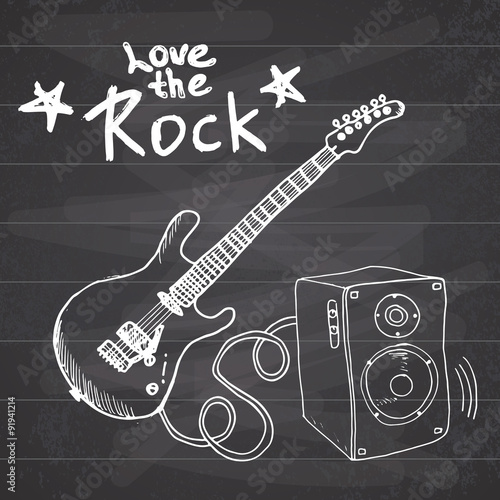 Rock Music Hand drawn sketch guitar with sound box and text love the rock, vector illustration on chalkboard