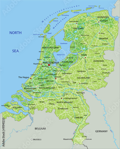 High detailed Netherlands physical map with labeling.