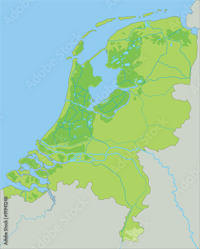 High detailed Netherlands physical map.