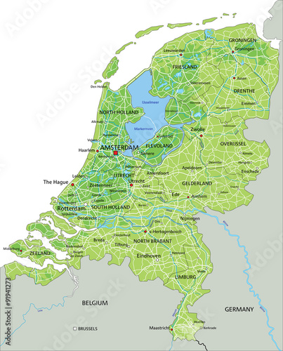 High detailed Netherlands physical map with labeling.