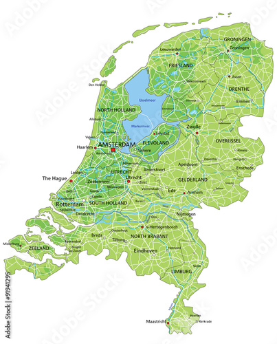 High detailed Netherlands physical map with labeling.