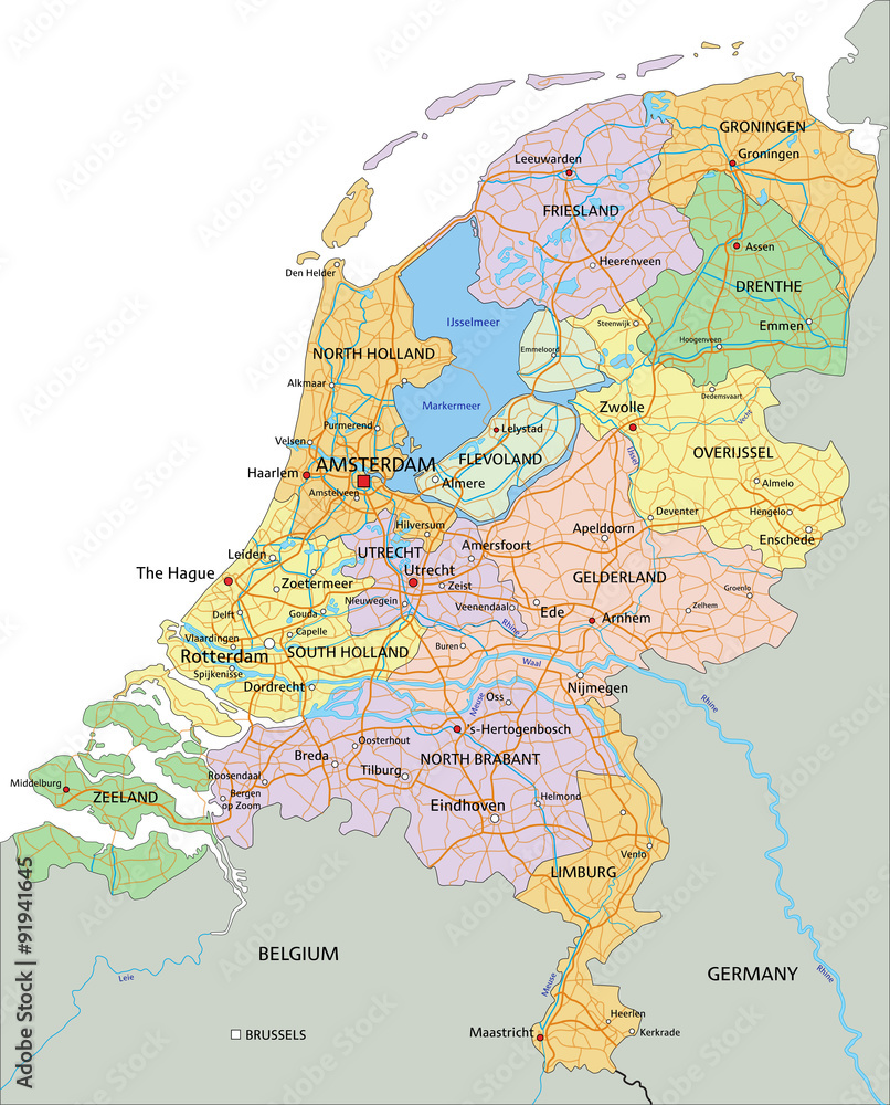 Netherlands - Highly detailed editable political map with separated ...