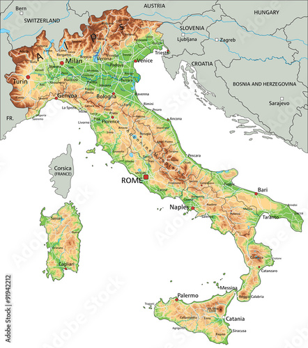 High detailed Italy physical map with labeling.