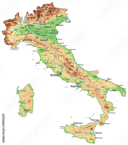 High detailed Italy physical map with labeling.