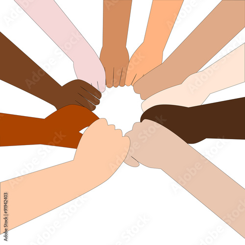 People of different nationalities stretch out their hands to make a circle