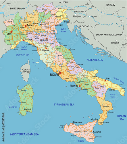 Italy - Highly detailed editable political map with separated layers.