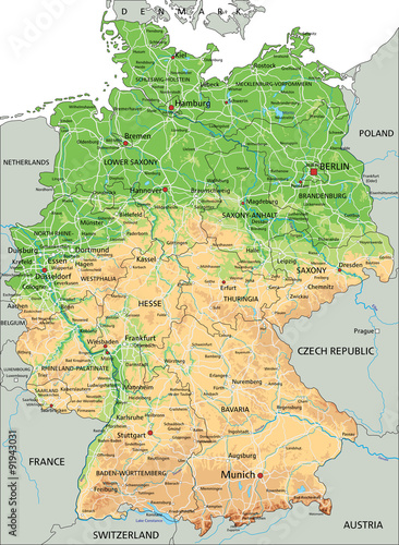 High detailed Germany physical map with labeling.