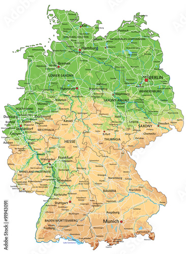 High detailed Germany physical map with labeling.