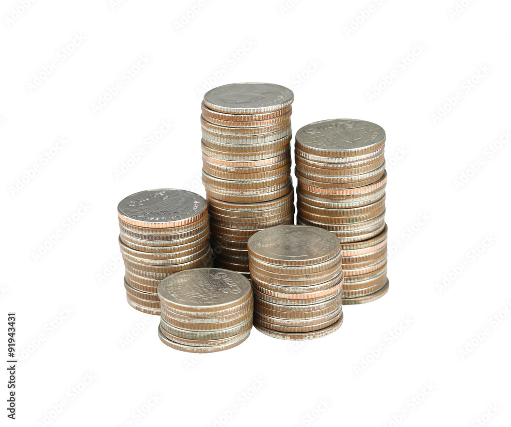 silver Thailand coins stack isolated on white.