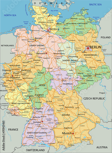 Germany - Highly detailed editable political map with separated layers.