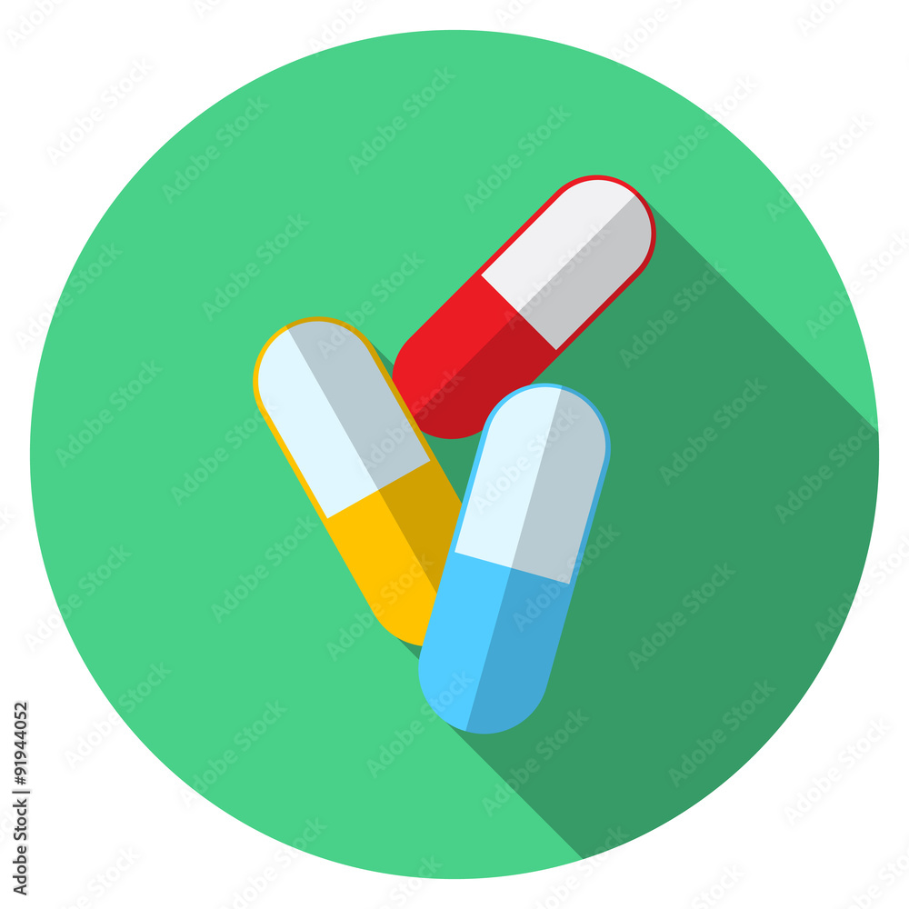 Flat design modern vector illustration of medical pills icon with long shadow, isolated Flat design modern vector illustration of medical pills icon with long shadow, isolated