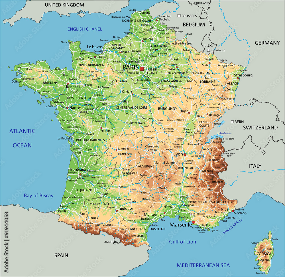 Photo & Art Print High Detailed France Physical Map With Labeling.