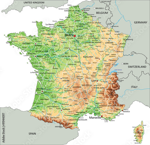 High detailed France physical map with labeling.