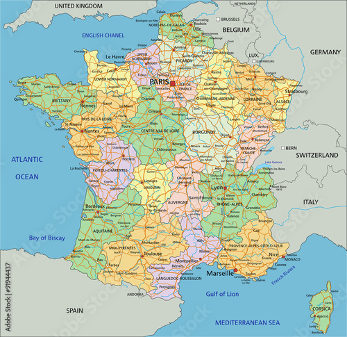France - Highly detailed editable political map with labeling.