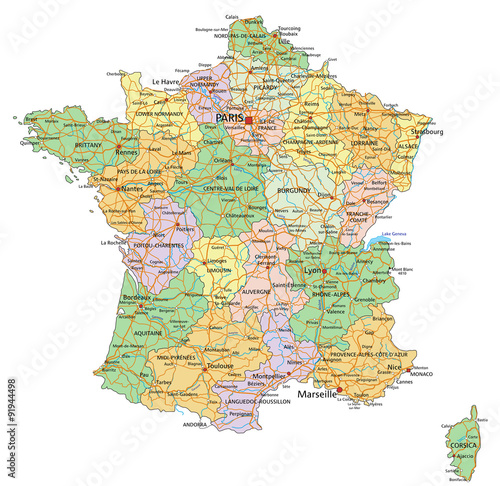France - Highly detailed editable political map with labeling.