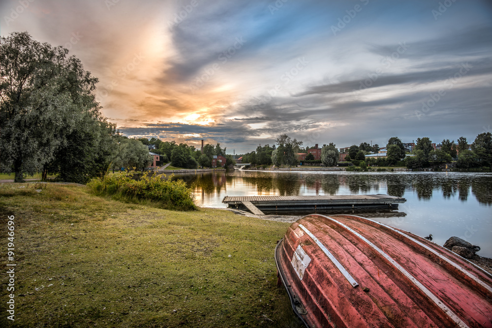 Lifeboat, sunset river lanscape in Helsinki