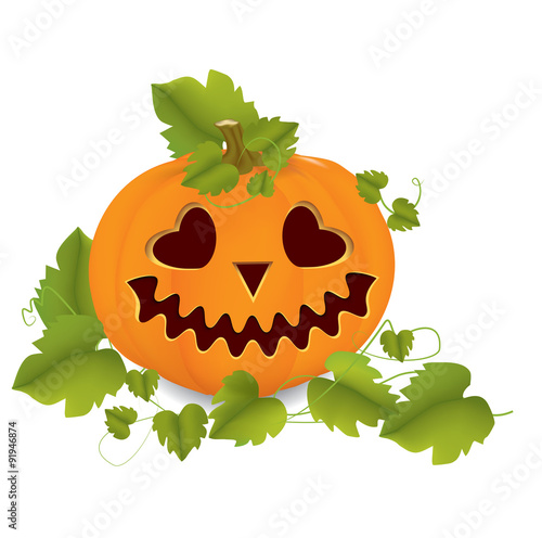 Orange pumpkin carved with leaves