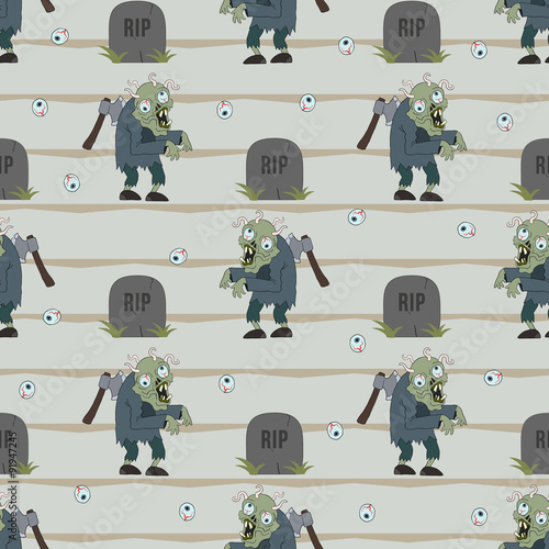 Zombie seamless pattern. Vector illustration of zombie man cartoon character. Zombie with axe in his back and worms in brain. 