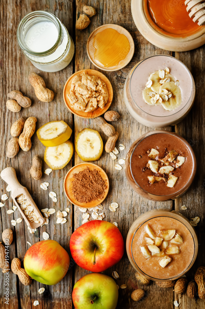 list peanut butter smoothie with chocolate, apples, banana and oats. the toning. selective focus list peanut butter smoothie with chocolate, apples, banana and oats. the toning. selective focus