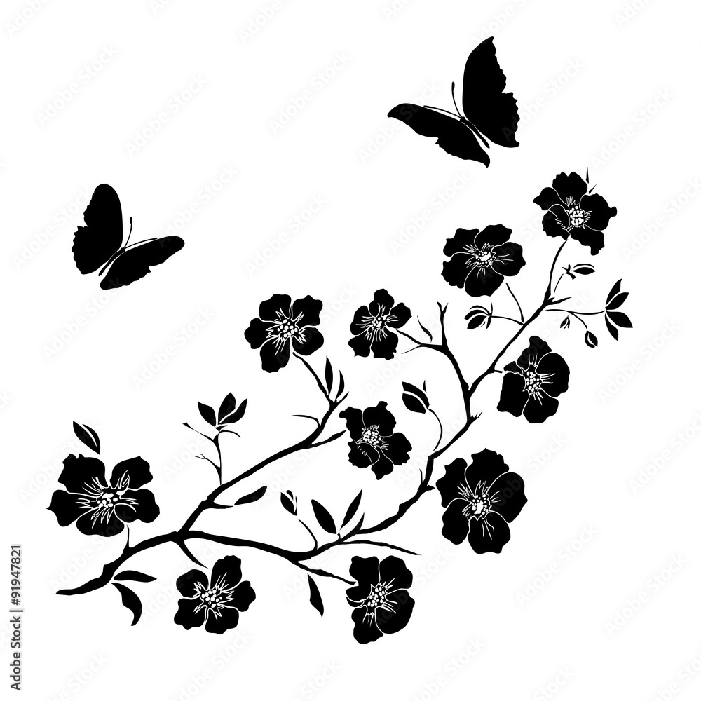 Fototapeta premium twig cherry blossoms and butterflies