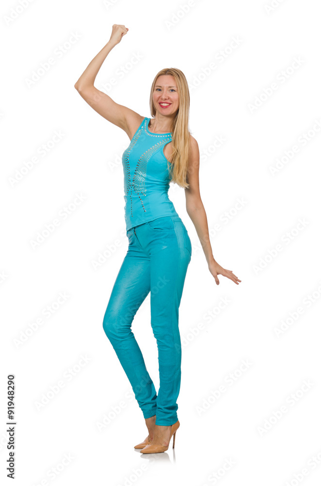 Beautiful girl in blue clothing isolated on white