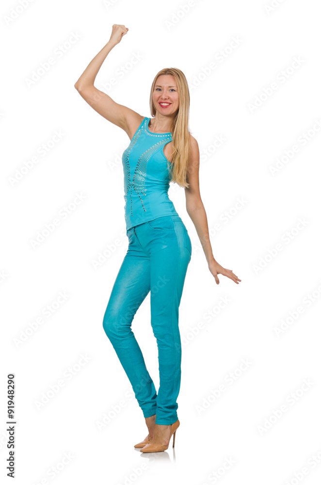 Beautiful girl in blue clothing isolated on white Beautiful girl in blue clothing isolated on white
